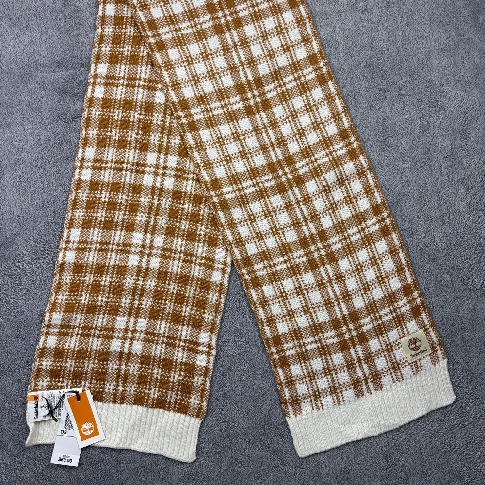 Timberland Plaid Knit Scarf Tan/White NWT